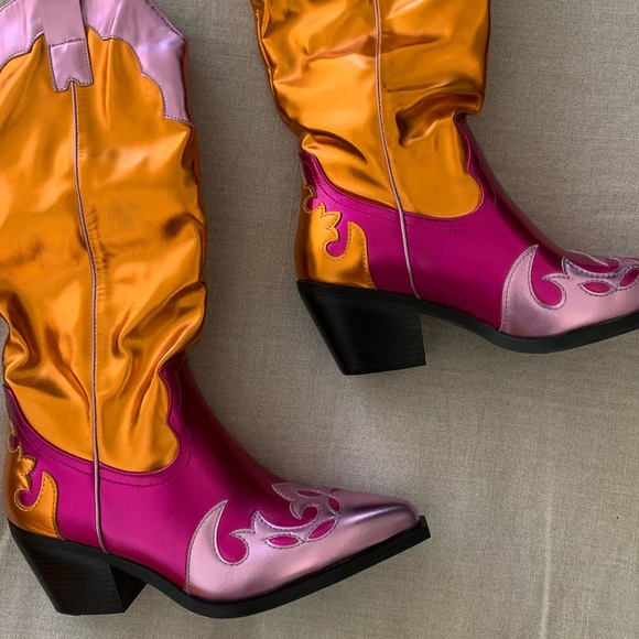 AZALEA WANG, Spice It Up, Multi colored Metallic, Chunky Cowboy Boots, NWT - Picture 6 of 13